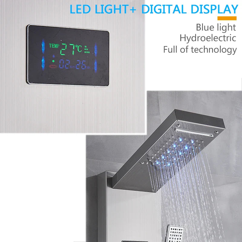 Brushed Nickel Bathroom Shower Column - Wall-Mounted Black LED Shower Panel with Digital Screen, 6 Modes & Rainfall Mixer Tap