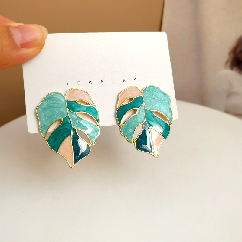 925 Silver Leaf Earrings for Women – Modern Geometric Green & White Trendy Jewelry Gift