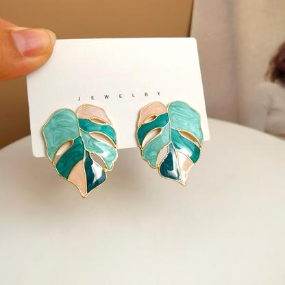 925 Silver Leaf Earrings for Women – Modern Geometric Green & White Trendy Jewelry Gift