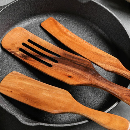 1-7pcs Teak Wood Tableware Set – Natural Wooden Spoons, Colander Spoon & Soup Skimmer Cooking Tool Kit