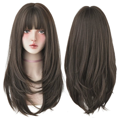 7JHHWIGS Long Straight Light Brown Synthetic Wig with Bangs – Heat-Resistant Daily Wear Wig for Women
