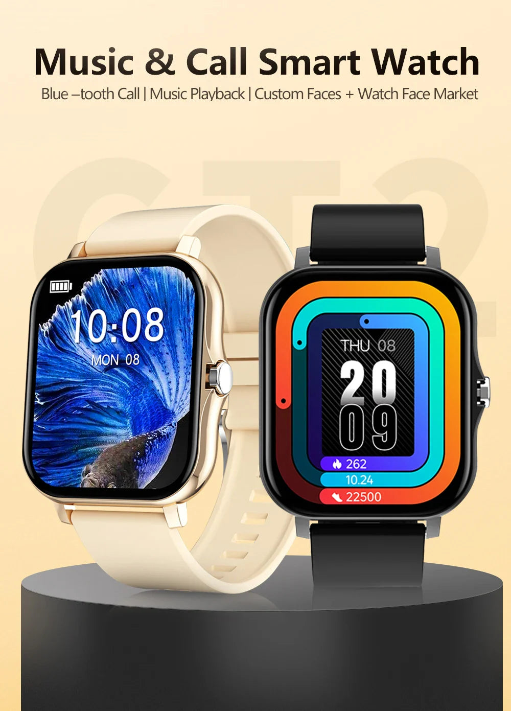 Smartwatch with Full Touch Screen — Call, Message Reminder, Music Control & Multi-Function Fitness Tracker, Compatible with iPhone & Android
