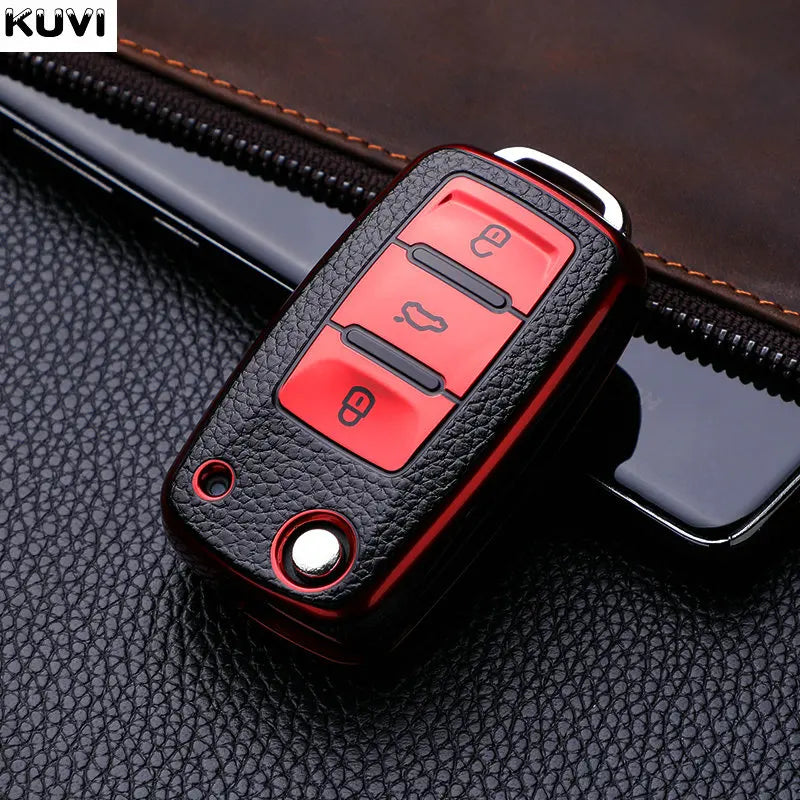 Leather TPU Car Key Case Cover for Volkswagen & Skoda – Fits Polo, Golf, Passat, Tiguan, Beetle, Caddy, T5, Up, Eos, Octavia, Seat Leon, Altea