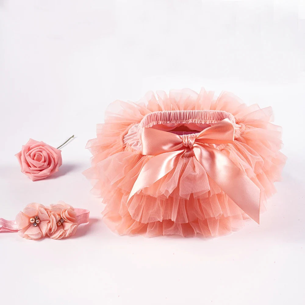 Baby Girl Tutu Bloomers Set - Newborn Tulle Lace Diaper Cover with Flower Headband Outfit