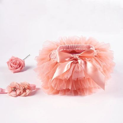 Baby Girl Tutu Bloomers Set - Newborn Tulle Lace Diaper Cover with Flower Headband Outfit