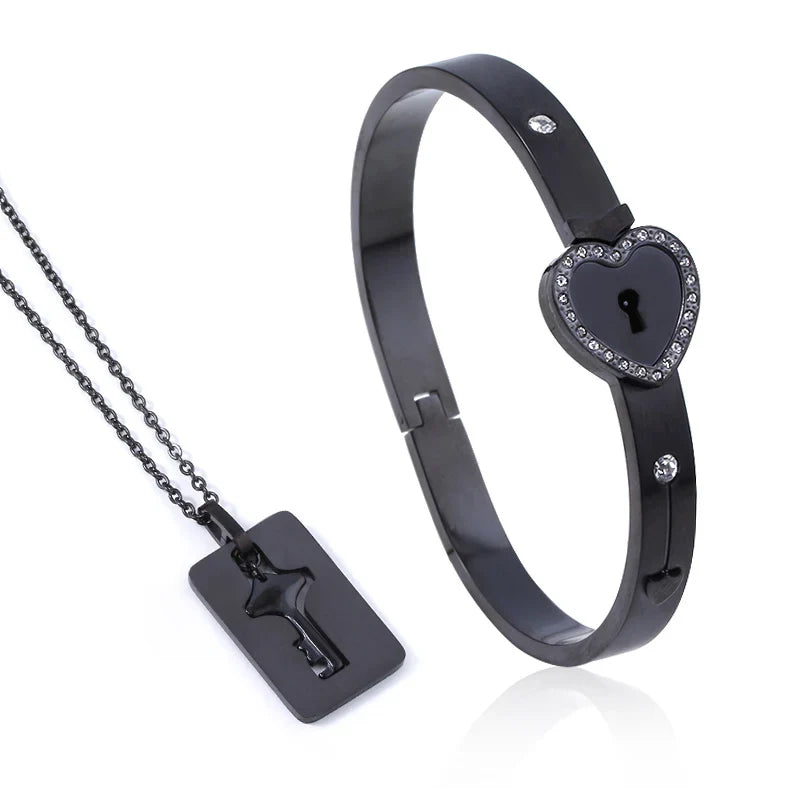 Couple Jewelry Set – Stainless Steel Love Heart Lock Bracelets & Key Pendant Necklace for Men & Women Gift