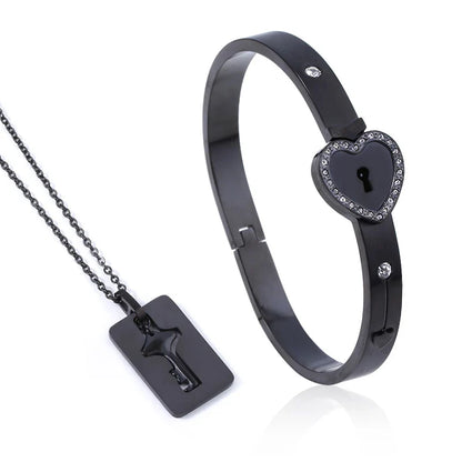 Couple Jewelry Set – Stainless Steel Love Heart Lock Bracelets & Key Pendant Necklace for Men & Women Gift