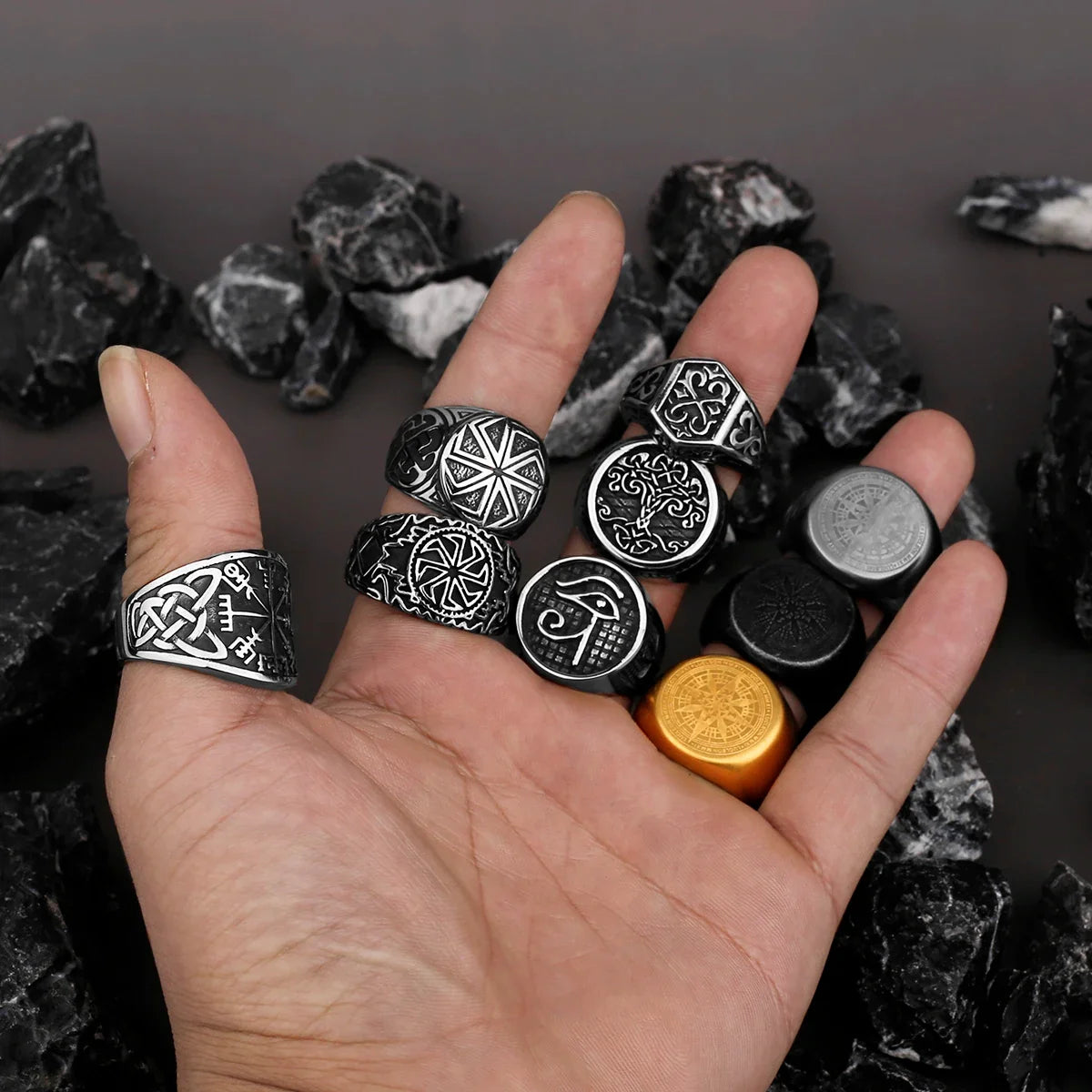 Nordic Viking Stainless Steel Ring - Compass Tree of Life Rune Wolf Amulet Jewelry for Men & Women