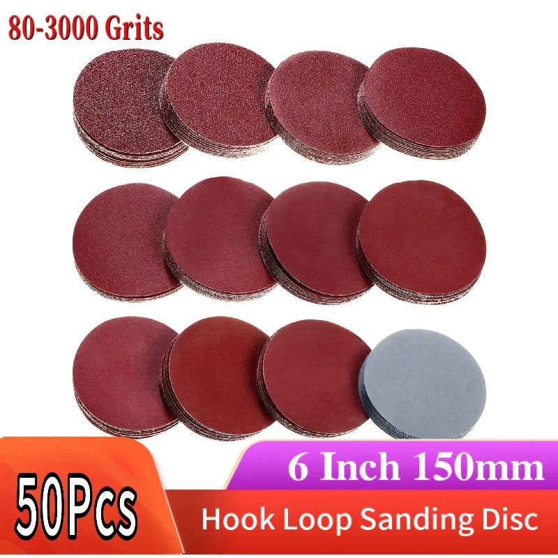 50Pcs 6-Inch Hook & Loop Sanding Discs Set – Aluminium Oxide Sandpaper 80–3000 Grit for Wood & Metal Polishing and Smoothing