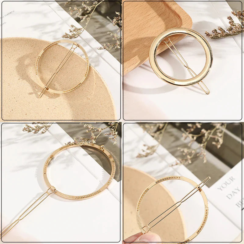 Geometry Hair Clips: Gold & Silver Metal Circle Barrettes with Korean Crystal Pear Accents - Stylish Hair Grips for Women and Girls