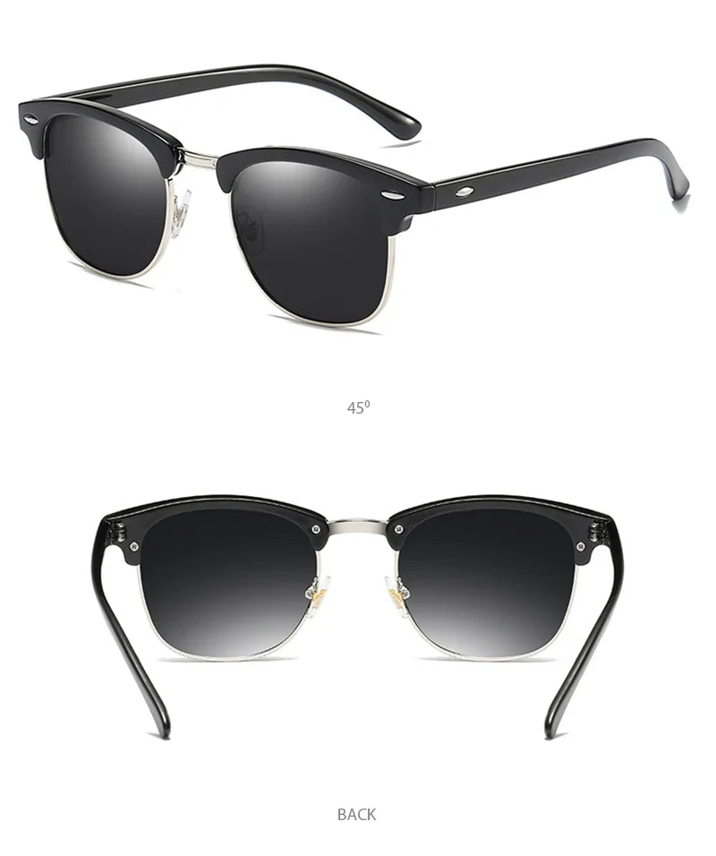 Classic Half Frame Polarized Sunglasses – Retro Rivet Design for Men & Women, Anti-Glare Black Travelling Shades