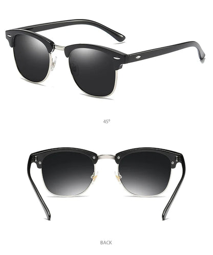 Classic Half Frame Polarized Sunglasses – Retro Rivet Design for Men & Women, Anti-Glare Black Travelling Shades