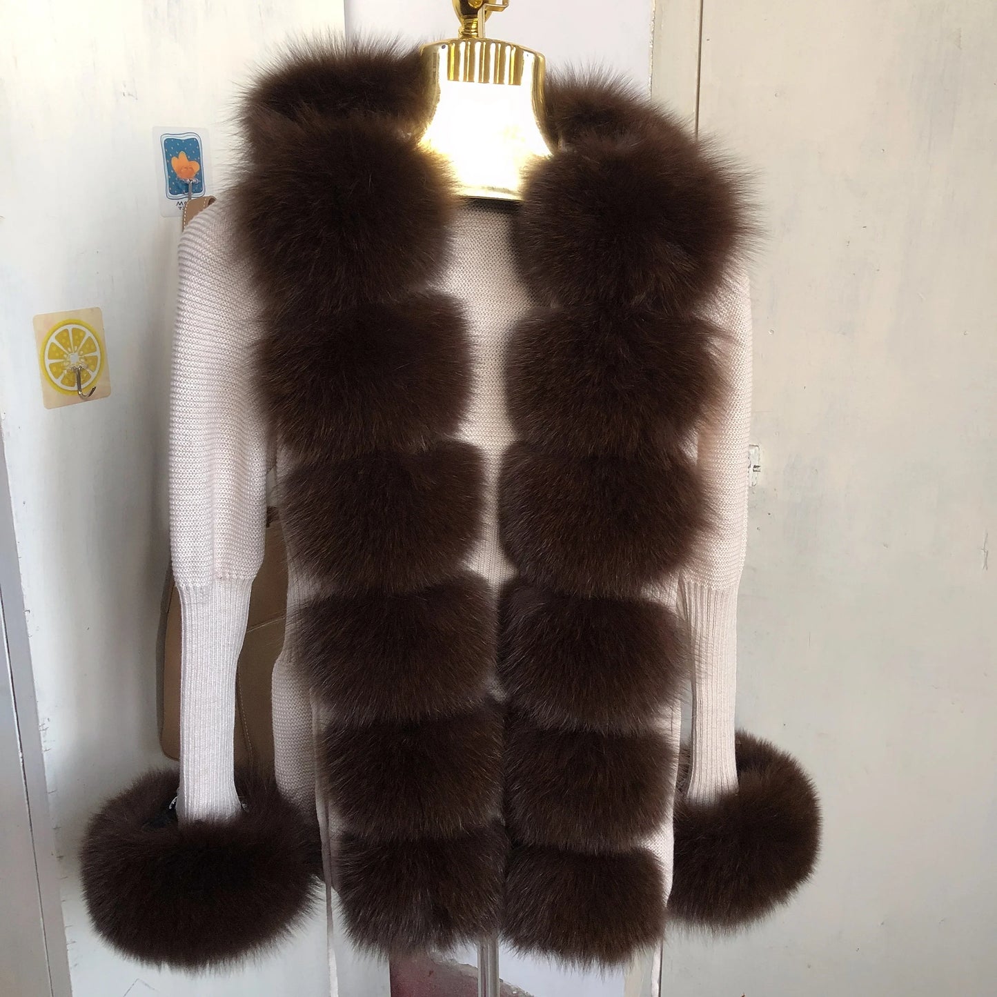 Women’s Spring & Autumn Sweater Cardigan – Real Fox Fur Collar Jacket, Natural Fur Outerwear