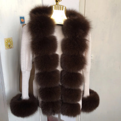 Women’s Spring & Autumn Sweater Cardigan – Real Fox Fur Collar Jacket, Natural Fur Outerwear