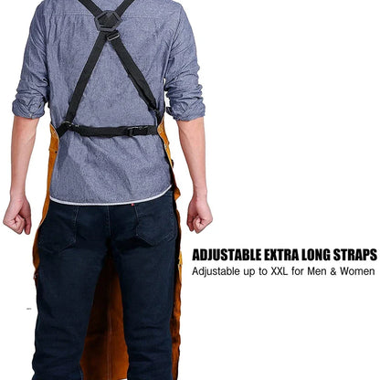 Heavy Duty Leather Welding Apron - Flame-Resistant Work Forge Apron with 6 Pockets - 42-Inch Large Size
