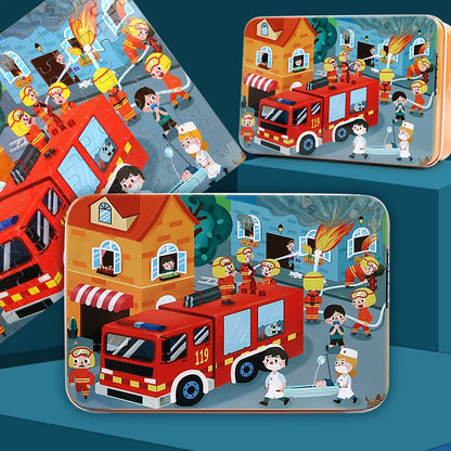 100PCS Kids Wooden Puzzle Set – Cartoon Animal & Vehicle Jigsaw Toys for Early Learning & Parent-Child Play