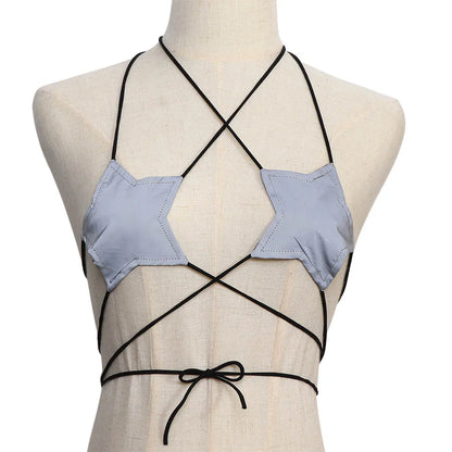 Turn Heads: Sexy Leather Star Shape Strappy Bra - Reflective Silver Nightclub Vest for Women, Bustier Crop Top Bralette