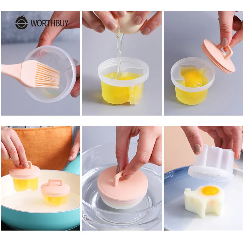 WORTHBUY 4 Pcs Cute Egg Cooker Tools Set - Plastic Egg Boiler Poacher with Brush for Kid-Friendly Baking, Egg Mold Maker, and Kitchen Accessories