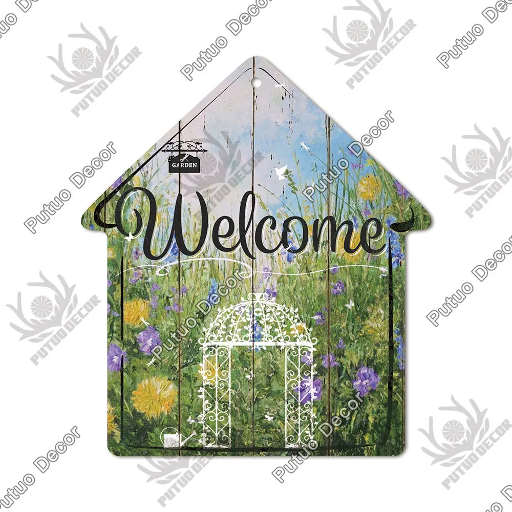 Putuo Decor Welcome House Shaped Wooden Sign – Rustic Hanging Plate for Home, Living Room Wall Decor