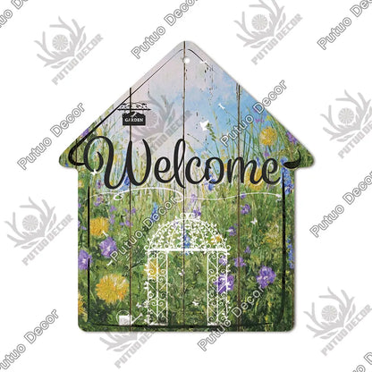 Putuo Decor Welcome House Shaped Wooden Sign – Rustic Hanging Plate for Home, Living Room Wall Decor