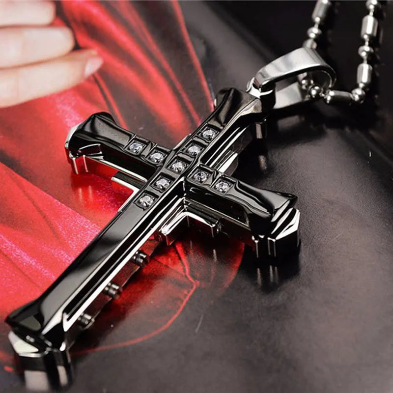 SUMENG 2025 Crystal Cross Jesus Pendant Necklace – Stainless Steel Gold/Black/Blue Zirconia Religious Jewelry for Men, Fashion Christian Gift