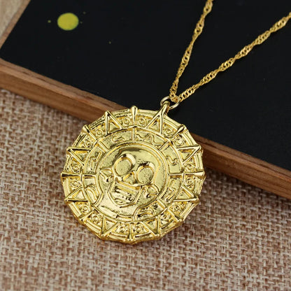 Caribbean Pirates Aztec Gold Coin Necklace – Retro Skull Pendant, Punk Hip Hop Movie Accessory