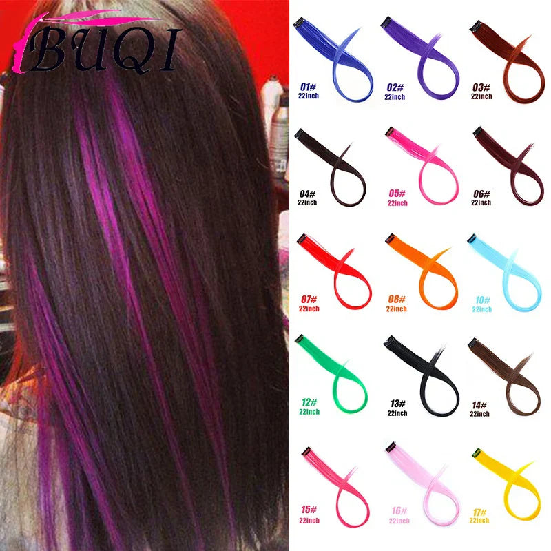 BUQI Straight Clip-In Colored Hair Extensions – Rainbow Synthetic Hair Streaks in Pink, Orange, White & Purple