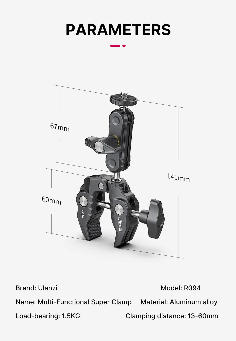 Ulanzi R094 Metal Super Clamp with 360° Ball Head Magic Arm, 1/4" & 3/8" Holes for DSLR Camera, Monitor, Light, Mic, and Rod Mount