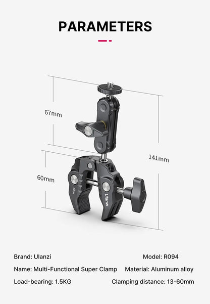 Ulanzi R094 Metal Super Clamp with 360° Ball Head Magic Arm, 1/4" & 3/8" Holes for DSLR Camera, Monitor, Light, Mic, and Rod Mount