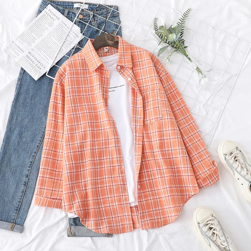 2025 Women’s Flannel Plaid Shirt – Casual Loose Cotton Long Sleeve Blouse, Designer Style Tops
