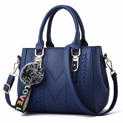 Women’s Embroidered Leather Messenger Bag - Stylish Handbag with Hair Ball Detail