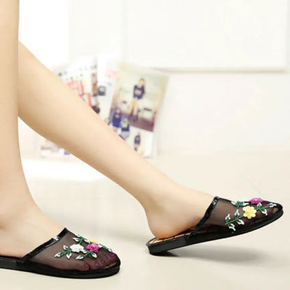 Women’s Sequin Mesh Indoor Slippers – Summer Hollow Flat Beach Flip Flops with Creative Flower Design