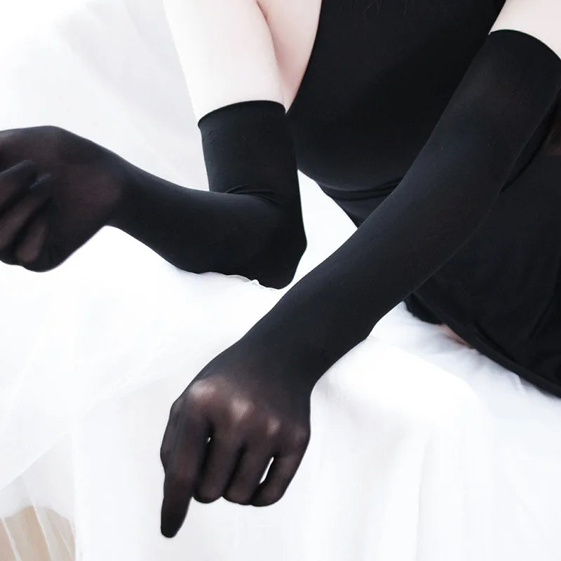 Sexy Lace Sheer Long Gloves – Hollow Breathable Transparent Seamless High Elasticity Stocking Gloves for Women & Men (White/Black)