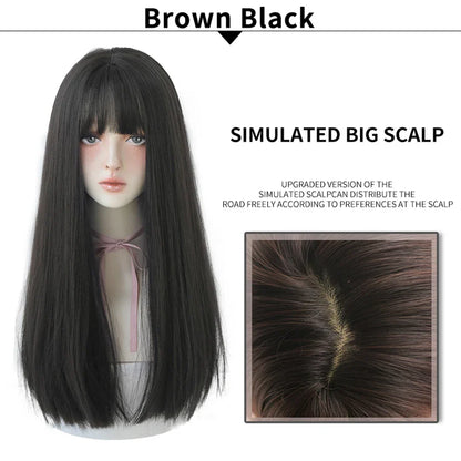 7JHHWIGS Long Straight Light Brown Synthetic Wig with Bangs – Heat-Resistant Daily Wear Wig for Women