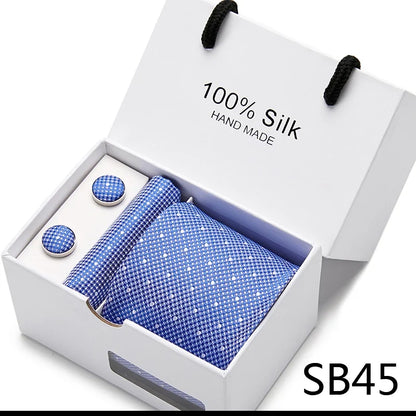 100% Silk Tie Gift Set - Classic Striped Wedding Necktie with Handkerchief for Men