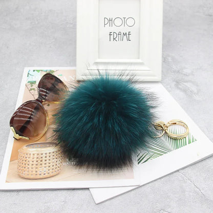 Luxury 15cm Fluffy Real Raccoon Fur Pom Pom Keychain – High-Quality Metal Ring Pendant for Women