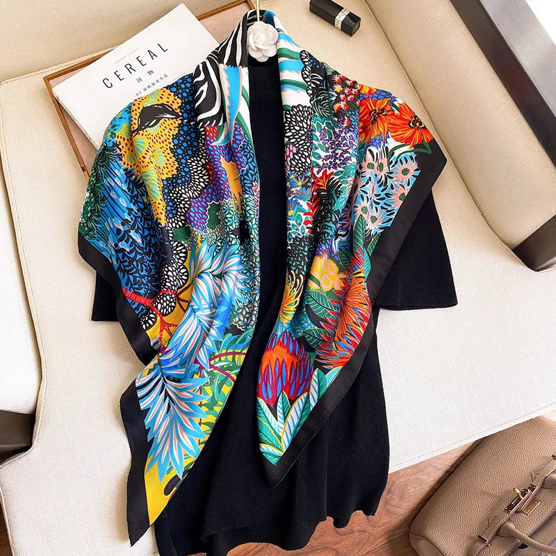 Chic 90x90cm Silk-Like Women's Scarf: Versatile Hair, Neck, or Square Bandanna for Office, Flight Attendants, Waiters - Unique Brand Handkerchief Rings Wrap