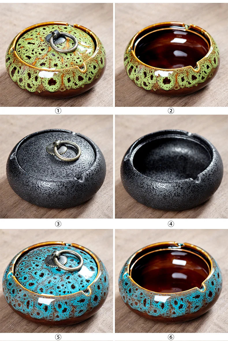 Ceramic Ashtray with Lid - Round Living Room Anti-Fly Ash Cigar Ashtray for Home Decor, Ideal Boyfriend Gift