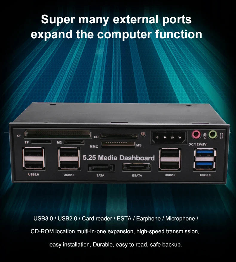 DeepFox 5.25" Media Dashboard Card Reader – USB 2.0/3.0, e-SATA, SATA Front Panel for Optical Drive Bays