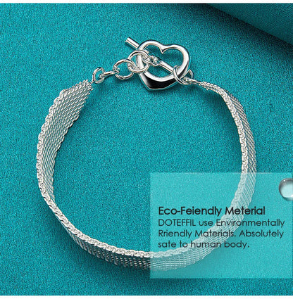 DOTEFFIL 925 Sterling Silver Heart Bracelet – Watchband Style Chain Jewelry for Men & Women