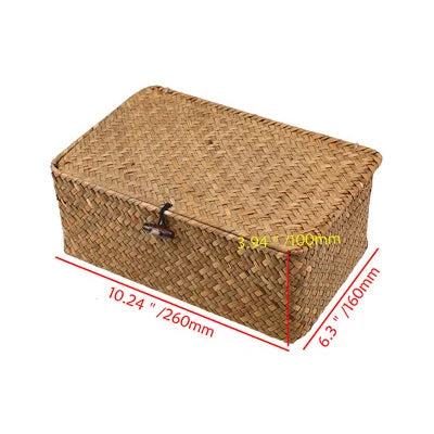 Rectangular Hand-Woven Rattan Wicker Storage Basket - Desktop Organizer for Sundries and Clothes Container
