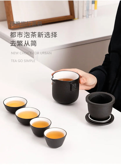 HMLOVE Ceramic Teapot Set – 1 Pot & 4 Cups Chinese Kung Fu Gaiwan with Strainers, 260ML Portable Travel Teaware Gift for Business