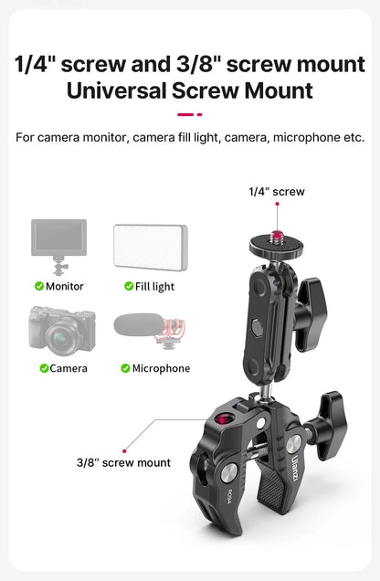 Ulanzi R094 Metal Super Clamp with 360° Ball Head Magic Arm, 1/4" & 3/8" Holes for DSLR Camera, Monitor, Light, Mic, and Rod Mount
