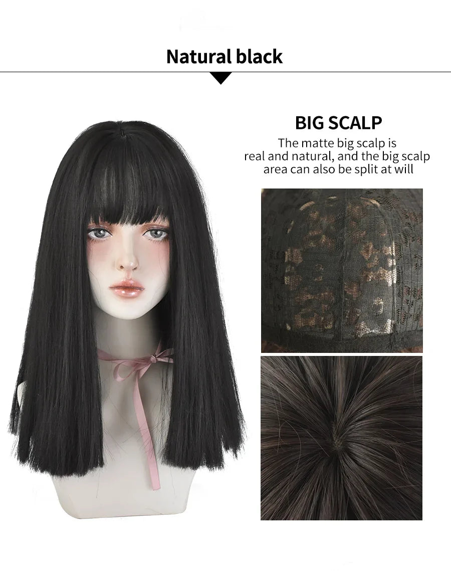 7JHHWIGS Long Straight Light Brown Synthetic Wig with Bangs – Heat-Resistant Daily Wear Wig for Women
