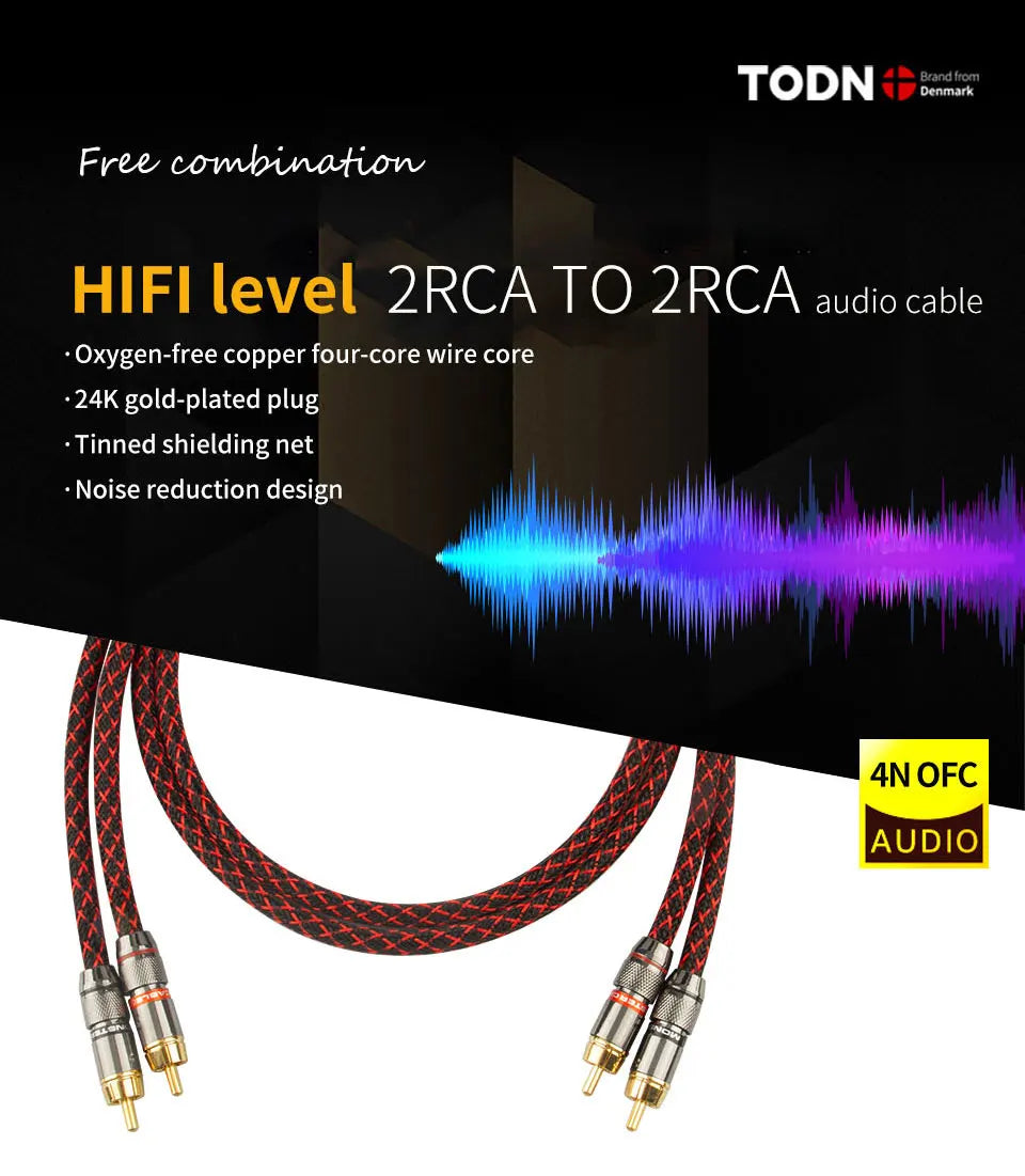 TODN 1 Pair RCA Audio Cable – 2 RCA to 2 RCA Interconnects, HIFI Stereo, Male to Male for Amplifier, DAC, TV, Car Audio