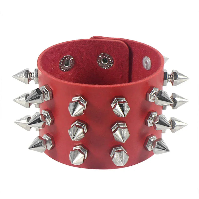 90s Punk Style Bracelet – PU Leather with 3 Rows of Spikes & Square Studs, Fashion Bangle for 2024