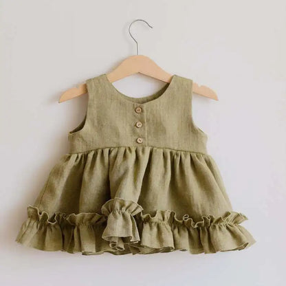 Baby Girls Cotton Linen Tutu Dress - 3 Layer Summer Ruffle Lace Strap Breathable Cake Dress Outfit
