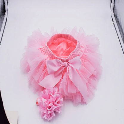 Baby Girl Tutu Bloomers Set - Newborn Tulle Lace Diaper Cover with Flower Headband Outfit