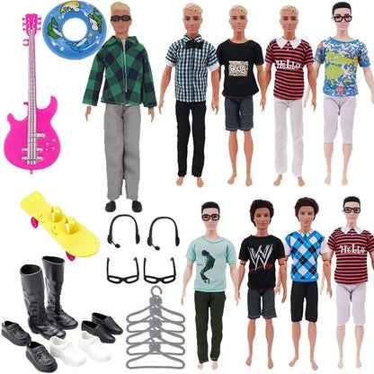 30-Piece Ken Doll Accessories Set — Clothes, Glasses, Shoes, Hangers, Guitar, Skateboard & Headsets for Barbie Dolls, DIY Toy for Girls
