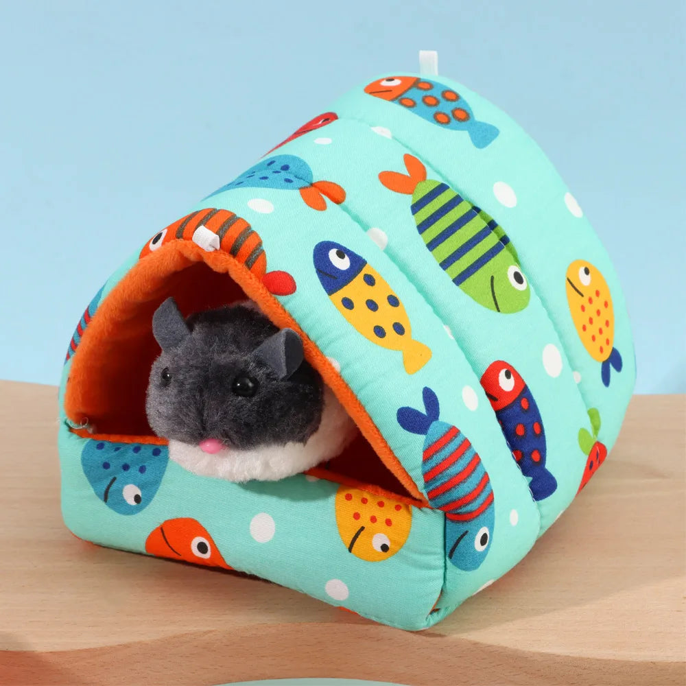 Cute Cartoon Rabbit & Squirrel Mini Pet Cage — Warm Winter Bed House for Hamsters, Mice, Rats & Guinea Pigs